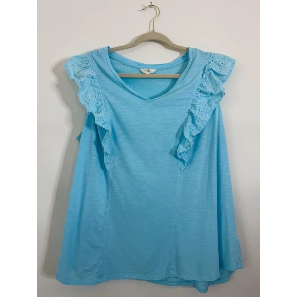 Terra & Sky Women’s Bright Blue Eyelet Ruffle Short Sleeve Top Size 2X